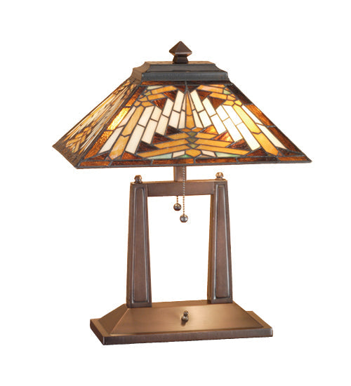 Meyda Lighting Nuevo 20" 2-Light Mahogany Bronze Mission Desk Table Lamp With Multi-Colored Shade Glass