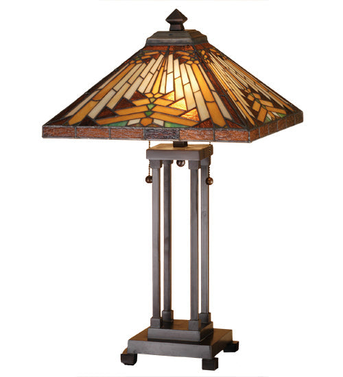 Meyda Lighting Nuevo 25" 2-Light Mahogany Bronze Mission Table Lamp With Multi-Colored Stained Shade Glass