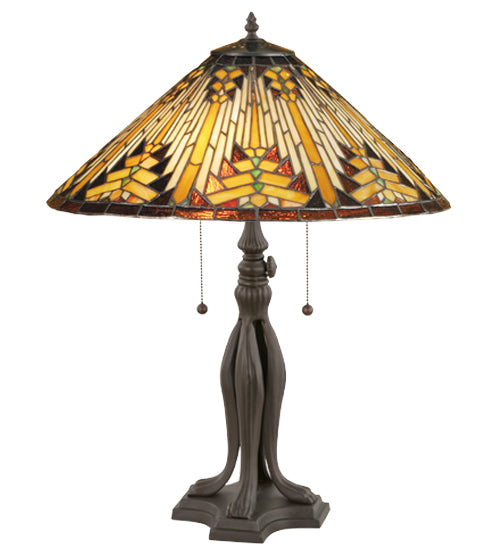 Meyda Lighting Nuevo 26" 2-Light Mahogany Bronze Mission Table Lamp With Multi-Colored Stained Shade Glass