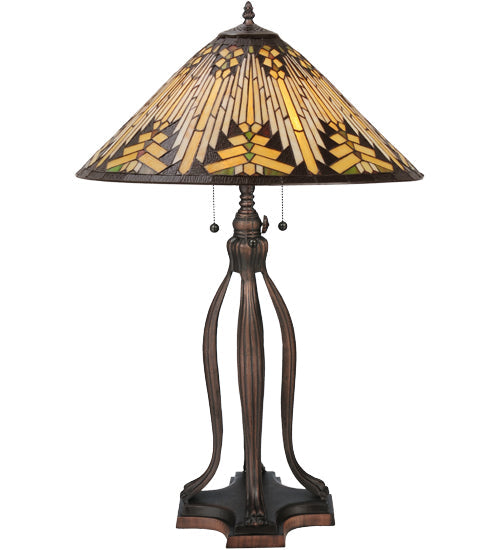 Meyda Lighting Nuevo 31" 3-Light Mahogany Bronze Mission Accent Table Lamp With Multi-Colored Stained Shade Glass