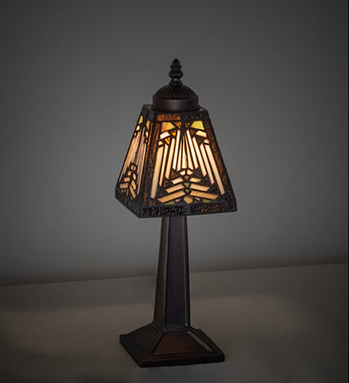 Meyda Lighting Nuevo Mission 10" Mahogany Bronze Mini Table Lamp With Multi-Colored Stained Shade Glass