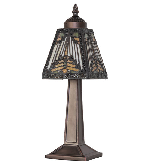 Meyda Lighting Nuevo Mission 10" Mahogany Bronze Mini Table Lamp With Multi-Colored Stained Shade Glass