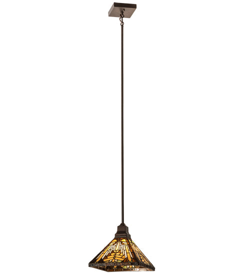 Meyda Lighting Nuevo Mission 14" Mahogany Bronze Pendant Light With Multi-Colored Shade Glass