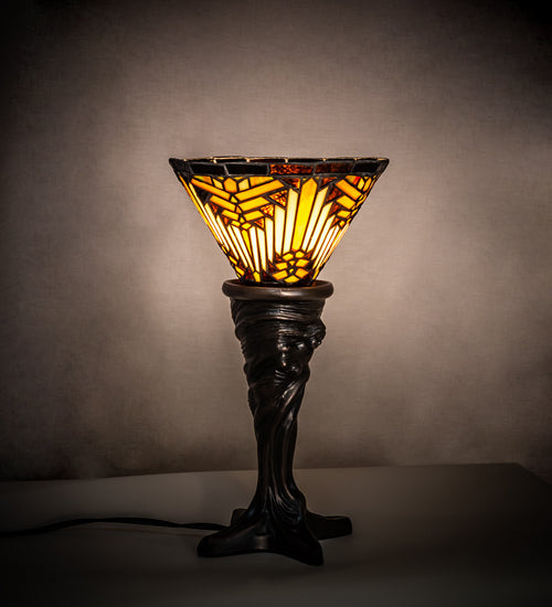 Meyda Lighting Nuevo Mission 15" Mahogany Bronze Mini Table Lamp With Brown & Beige Stained Shade Glass