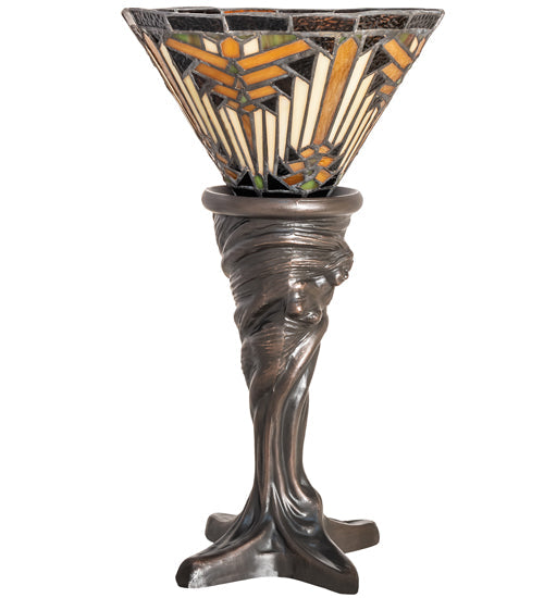 Meyda Lighting Nuevo Mission 15" Mahogany Bronze Mini Table Lamp With Brown & Beige Stained Shade Glass