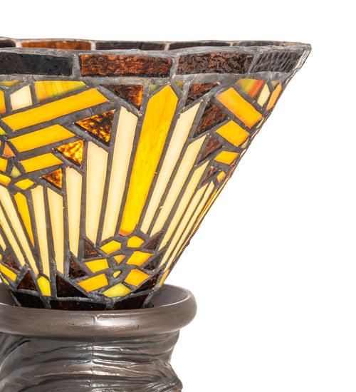 Meyda Lighting Nuevo Mission 15" Mahogany Bronze Mini Table Lamp With Brown & Beige Stained Shade Glass