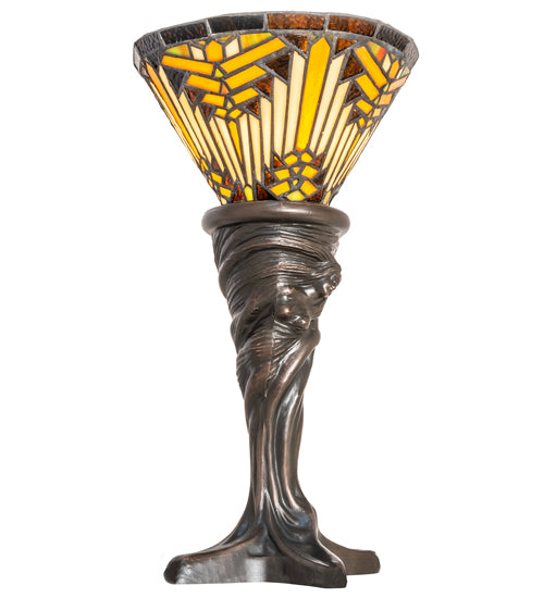 Meyda Lighting Nuevo Mission 15" Mahogany Bronze Mini Table Lamp With Brown & Beige Stained Shade Glass