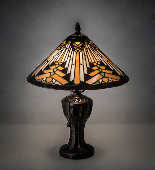 Meyda Lighting Nuevo Mission 17" Mahogany Bronze Table Lamp With Multi-Colored Shade Glass