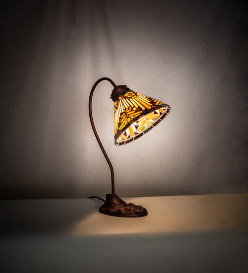 Meyda Lighting Nuevo Mission 18" Mahogany Bronze Desk Table Lamp With Brown & Beige Stained Shade Glass