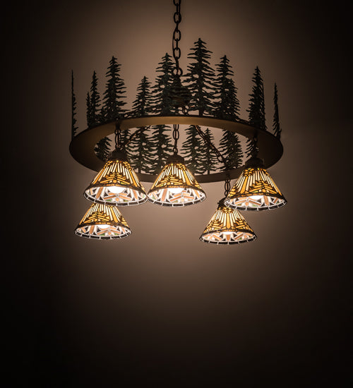 Meyda Lighting Nuevo Mission 34" 5-Light Oil Rubbed Bronze & Green Trees Mission Tall Pines Chandelier With Brown & Amber Shade Glass