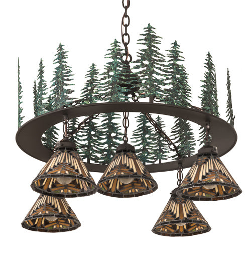 Meyda Lighting Nuevo Mission 34" 5-Light Oil Rubbed Bronze & Green Trees Mission Tall Pines Chandelier With Brown & Amber Shade Glass