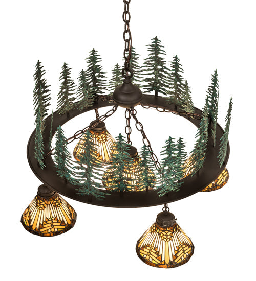 Meyda Lighting Nuevo Mission 34" 5-Light Oil Rubbed Bronze & Green Trees Mission Tall Pines Chandelier With Brown & Amber Shade Glass