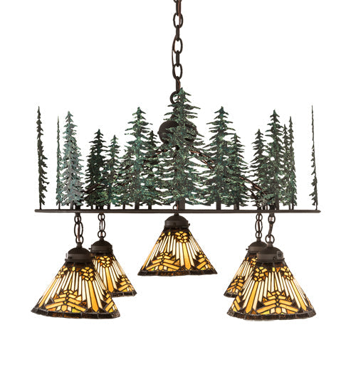 Meyda Lighting Nuevo Mission 34" 5-Light Oil Rubbed Bronze & Green Trees Mission Tall Pines Chandelier With Brown & Amber Shade Glass