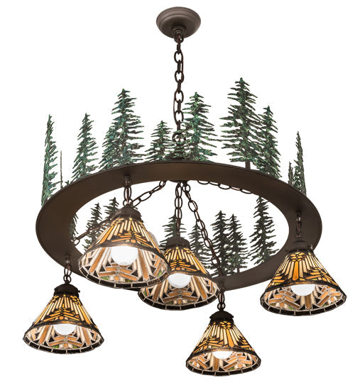 Meyda Lighting Nuevo Mission 34" 5-Light Oil Rubbed Bronze & Green Trees Mission Tall Pines Chandelier With Brown & Amber Shade Glass