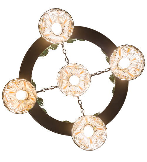 Meyda Lighting Nuevo Mission 34" 5-Light Oil Rubbed Bronze & Green Trees Mission Tall Pines Chandelier With Brown & Amber Shade Glass