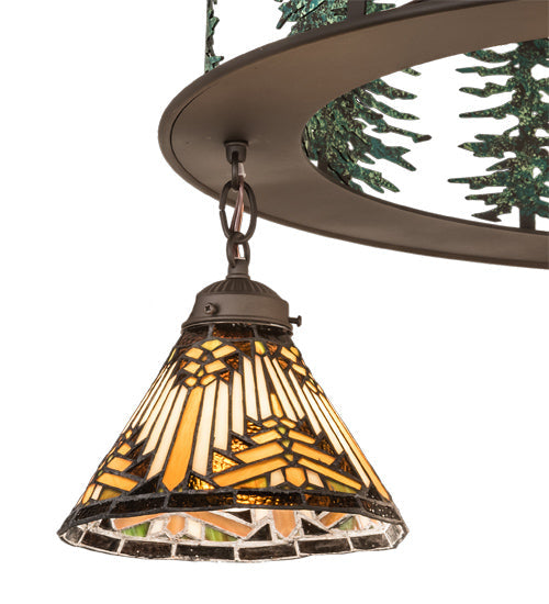 Meyda Lighting Nuevo Mission 34" 5-Light Oil Rubbed Bronze & Green Trees Mission Tall Pines Chandelier With Brown & Amber Shade Glass