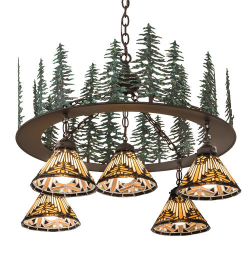 Meyda Lighting Nuevo Mission 34" 5-Light Oil Rubbed Bronze & Green Trees Mission Tall Pines Chandelier With Brown & Amber Shade Glass