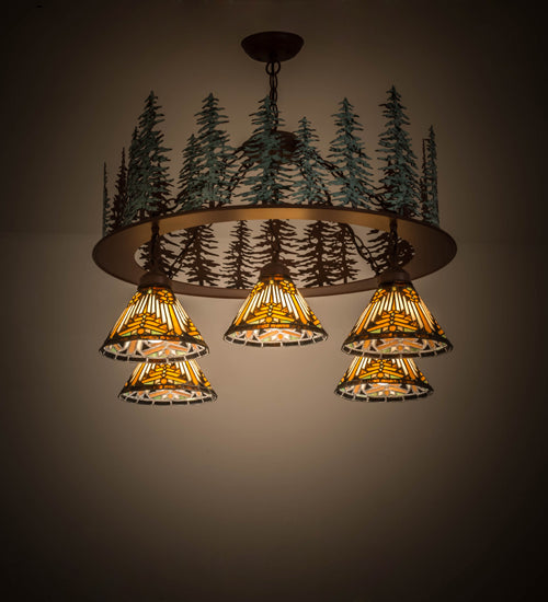 Meyda Lighting Nuevo Mission 34" 5-Light Rust & Green Trees Tall Pines Chandelier With Multi-Colored Shade Glass