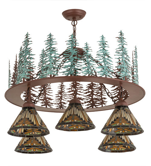 Meyda Lighting Nuevo Mission 34" 5-Light Rust & Green Trees Tall Pines Chandelier With Multi-Colored Shade Glass