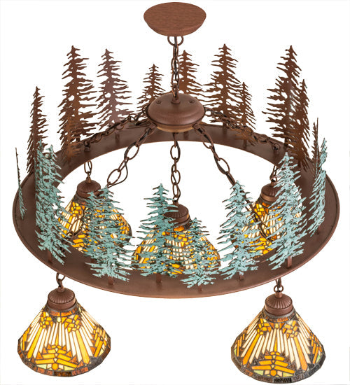 Meyda Lighting Nuevo Mission 34" 5-Light Rust & Green Trees Tall Pines Chandelier With Multi-Colored Shade Glass