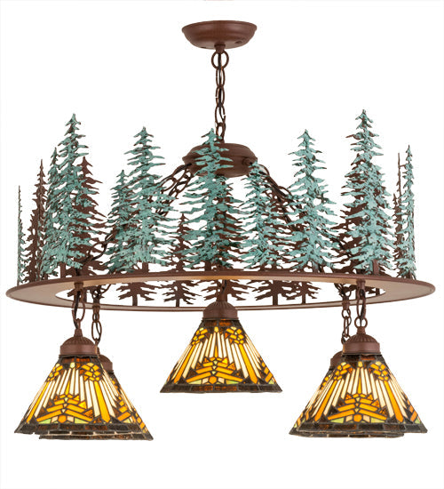 Meyda Lighting Nuevo Mission 34" 5-Light Rust & Green Trees Tall Pines Chandelier With Multi-Colored Shade Glass