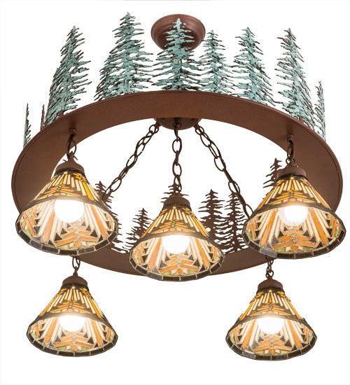 Meyda Lighting Nuevo Mission 34" 5-Light Rust & Green Trees Tall Pines Chandelier With Multi-Colored Shade Glass