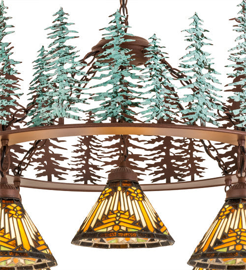 Meyda Lighting Nuevo Mission 34" 5-Light Rust & Green Trees Tall Pines Chandelier With Multi-Colored Shade Glass