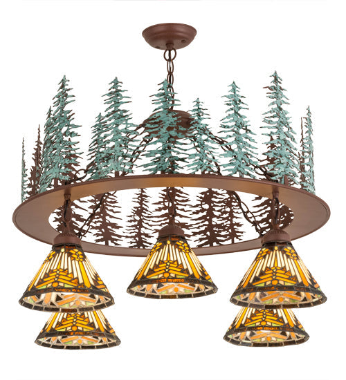 Meyda Lighting Nuevo Mission 34" 5-Light Rust & Green Trees Tall Pines Chandelier With Multi-Colored Shade Glass