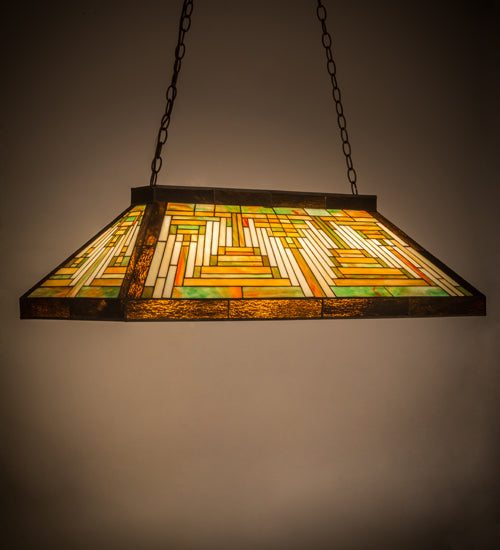Meyda Lighting Nuevo Mission 39" 3-Light Craftsman Brown Island Pendant Light With Multi-Colored Shade Glass