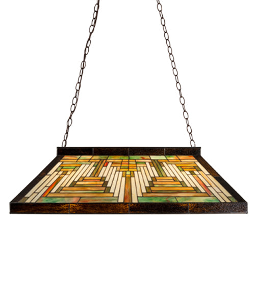 Meyda Lighting Nuevo Mission 39" 3-Light Craftsman Brown Island Pendant Light With Multi-Colored Shade Glass