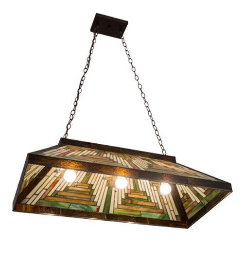 Meyda Lighting Nuevo Mission 39" 3-Light Craftsman Brown Island Pendant Light With Multi-Colored Shade Glass