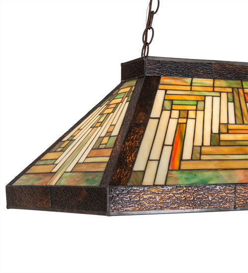 Meyda Lighting Nuevo Mission 39" 3-Light Craftsman Brown Island Pendant Light With Multi-Colored Shade Glass