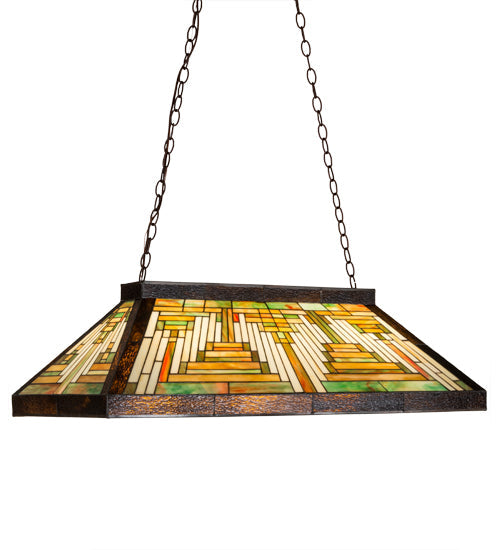 Meyda Lighting Nuevo Mission 39" 3-Light Craftsman Brown Island Pendant Light With Multi-Colored Shade Glass