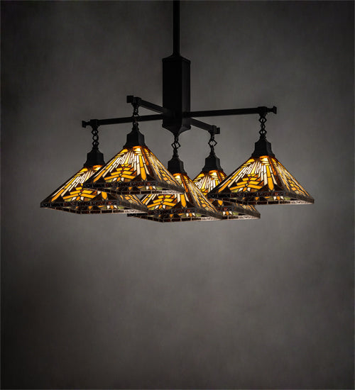 Meyda Lighting Nuevo Mission 51" 5-Light Craftsman Brown Chandelier With Yellow & Brown Stained Shade Glass