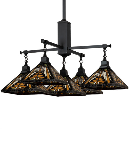 Meyda Lighting Nuevo Mission 51" 5-Light Craftsman Brown Chandelier With Yellow & Brown Stained Shade Glass