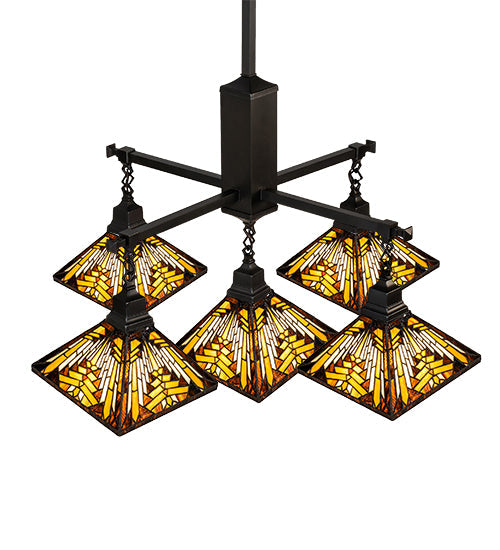 Meyda Lighting Nuevo Mission 51" 5-Light Craftsman Brown Chandelier With Yellow & Brown Stained Shade Glass