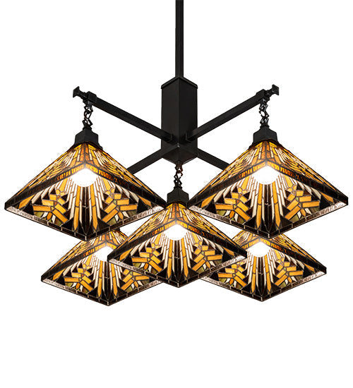 Meyda Lighting Nuevo Mission 51" 5-Light Craftsman Brown Chandelier With Yellow & Brown Stained Shade Glass