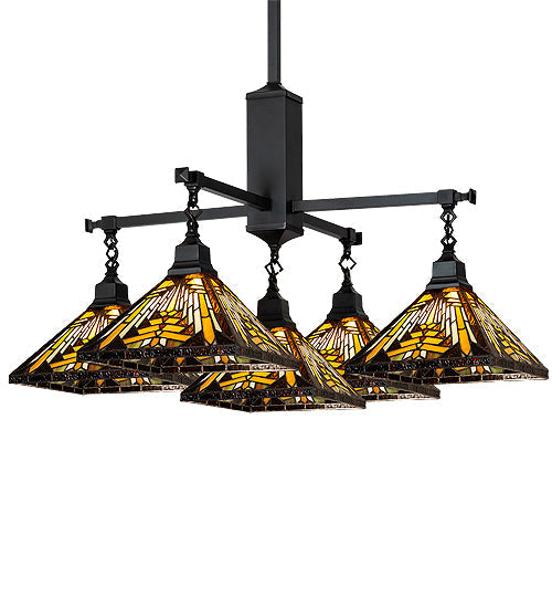 Meyda Lighting Nuevo Mission 51" 5-Light Craftsman Brown Chandelier With Yellow & Brown Stained Shade Glass