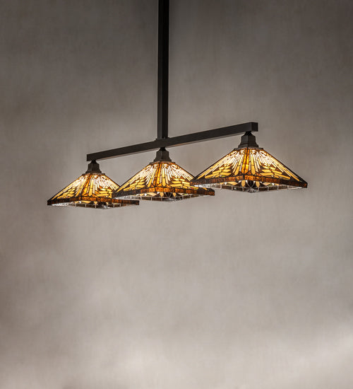 Meyda Lighting Nuevo Mission 63" 3-Light Craftsman Brown Island Pendant Light With Brown & Beige Shade Glass