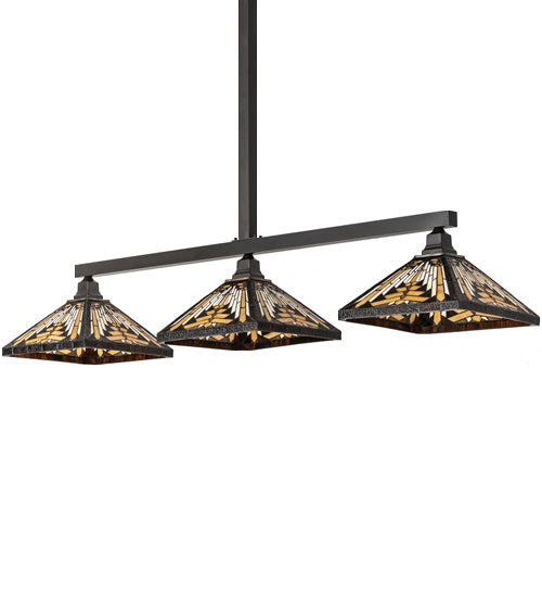Meyda Lighting Nuevo Mission 63" 3-Light Craftsman Brown Island Pendant Light With Brown & Beige Shade Glass