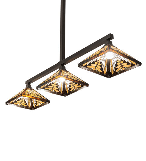 Meyda Lighting Nuevo Mission 63" 3-Light Craftsman Brown Island Pendant Light With Brown & Beige Shade Glass