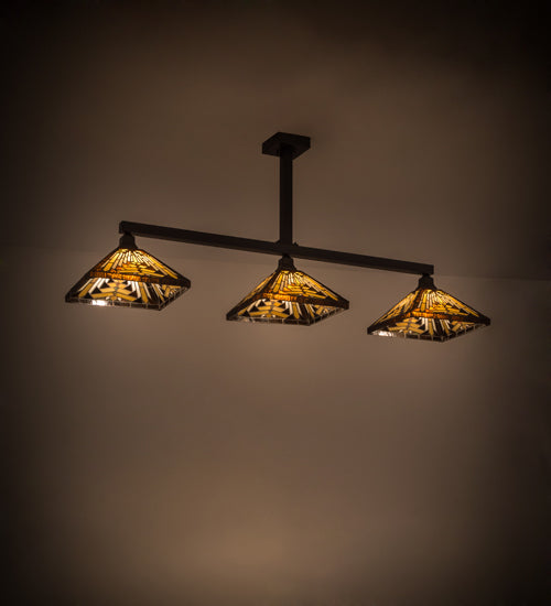 Meyda Lighting Nuevo Mission 64" 3-Light Craftsman Brown Island Pendant Light With Brown & Beige Shade Glass