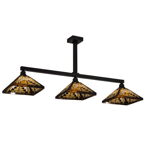 Meyda Lighting Nuevo Mission 64" 3-Light Craftsman Brown Island Pendant Light With Brown & Beige Shade Glass