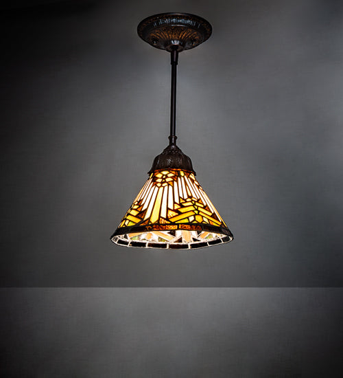 Meyda Lighting Nuevo Mission 8" Mahogany Bronze Mini Pendant Light With Beige & Brown Shade Glass