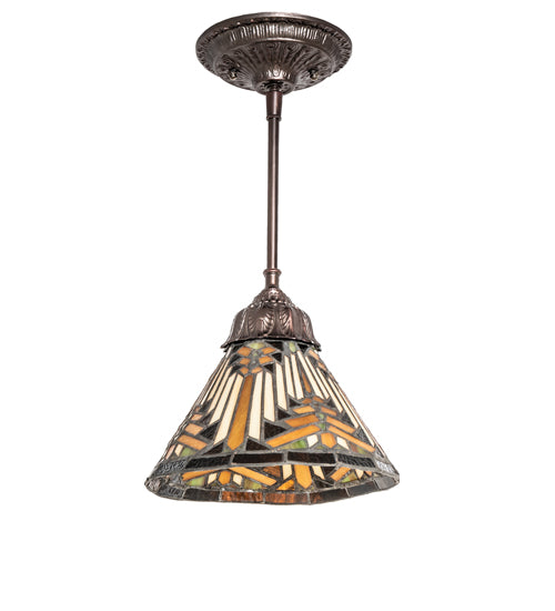 Meyda Lighting Nuevo Mission 8" Mahogany Bronze Mini Pendant Light With Beige & Brown Shade Glass