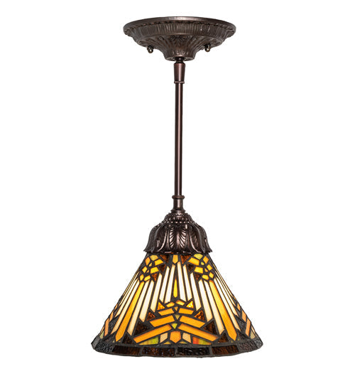 Meyda Lighting Nuevo Mission 8" Mahogany Bronze Mini Pendant Light With Beige & Brown Shade Glass
