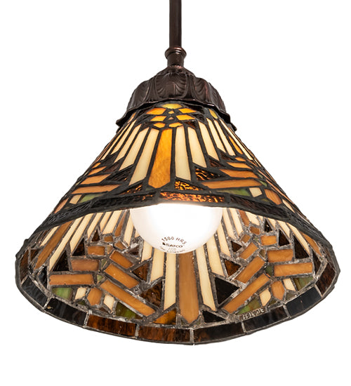 Meyda Lighting Nuevo Mission 8" Mahogany Bronze Mini Pendant Light With Beige & Brown Shade Glass