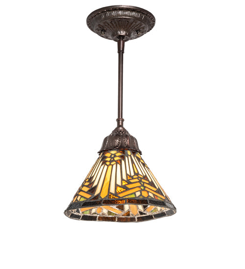 Meyda Lighting Nuevo Mission 8" Mahogany Bronze Mini Pendant Light With Beige & Brown Shade Glass
