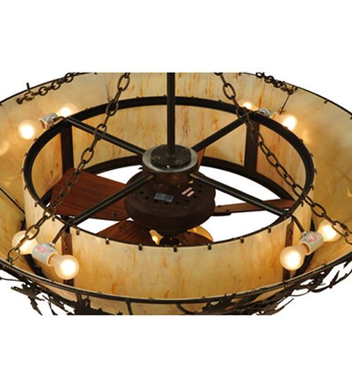 Meyda Lighting Oak Branch 50" 11-Light Antique Copper Chandelier With Travertine Idalight Shade Glass and Wood Fan
