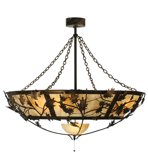 Meyda Lighting Oak Branch 50" 11-Light Antique Copper Chandelier With Travertine Idalight Shade Glass and Wood Fan